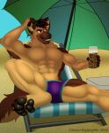  2022 4_toes 5_fingers abs anthro athletic athletic_anthro athletic_male beach beach_chair beach_umbrella beverage black_nose brown_body brown_fur canid canine canis clothed clothing container cup day dayji_(talldoggo) domestic_dog eyewear feet fingers fur german_shepherd hair herding_dog hi_res holding_object inner_ear_fluff looking_sideways lying male mammal multicolored_body muscular muscular_anthro muscular_male navel neck_tuft on_back outside pastoral_dog pawpads pecs purple_clothing purple_swimwear purple_underwear rebel_nightwolfe red_eyes red_hair seaside simple_background smile solo spread_legs spreading sunglasses swimwear tan_body tan_fur toes topless tuft two_tone_body underwear 