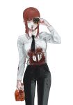  1girl bangs black_necktie black_pants blood blood_on_clothes blood_on_face chainsaw_man collared_shirt doughnut food highres hole_on_body kamo_(kamonegioisi) looking_at_viewer looking_through_doughnut makima_(chainsaw_man) medium_hair necktie nosebleed pants red_hair ringed_eyes shirt shirt_tucked_in sidelocks simple_background solo white_background white_shirt yellow_eyes 