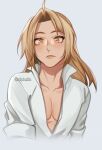  1boy aiphelix androgynous blonde_hair blush collarbone collared_shirt edward_elric freckles fullmetal_alchemist highres long_hair long_sleeves looking_at_viewer male_focus pectoral_cleavage pectorals red_eyeliner shirt simple_background upper_body white_background white_shirt yellow_eyes 