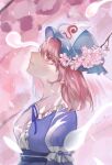  1girl branch cherry_blossoms flower hat kuru_(kurukuru_koubou) looking_to_the_side looking_up mob_cap pink_flower saigyouji_yuyuko solo touhou tree triangular_headpiece 