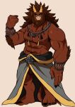  1boy abs bara beard black_nails blank_eyes body_fur bulge_peek concept_art dark-skinned_male dark_skin demon_boy demon_horns facial_hair full_body furry furry_male hand_up highres horns infel_(otsukimi) jewelry large_hands long_hair looking_at_viewer male_focus mature_male muscular muscular_male navel necklace nipples original otsukimi pectorals pointy_ears solo standing stomach strongman_waist thick_eyebrows thick_thighs thighs topless_male 