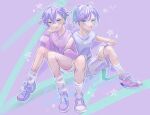  2boys aqua_background aqua_hair brothers cozmez_(paradox_live) full_body group_name highres male_focus miya_(38magical) multicolored_background multicolored_hair multiple_boys paradox_live purple_background purple_eyes purple_hair purple_shirt purple_sweater purple_tank_top shirt siblings sitting star_(symbol) sweater tank_top twins yatonokami_kanata yatonokami_nayuta 