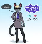  &lt;3 2023 animal_crossing anthro blonde_hair clipboard clothed clothing crossdressing dialogue digital_drawing_(artwork) digital_media_(artwork) domestic_cat dress english_text felid feline felis fur girly grey_body grey_fur hair heterochromia hi_res legwear looking_at_viewer male mammal necktie nintendo pantyhose raymond_(animal_crossing) signature solo somik speech_bubble standing strip_meme talking_to_viewer text 