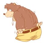  anthro banjo-kazooie banjo_(banjo-kazooie) bear blue_eyes blush bottomwear brown_body brown_fur butt clothing embarrassed fur hi_res jewelry male mammal moku_nameko necklace nipples pulling_down_shorts rareware shirtless shorts solo 