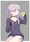  1girl alcohol alternate_costume beer beer_can can cevio highres hood hoodie long_sleeves purple_eyes purple_hair shorts simple_background solo voiceroid yuzuki_yukari yuzuki_yukari_(rei) zooanime 
