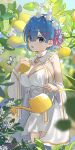  1girl :o absurdres akatsuki_(m12778387) blue_eyes blue_hair blurry blurry_background breasts bug butterfly commentary day detached_sleeves dress flower food hair_ornament hair_ribbon highres holding holding_food holding_watering_can large_breasts looking_at_viewer maid_headdress outdoors pink_ribbon re:zero_kara_hajimeru_isekai_seikatsu rem_(re:zero) ribbon short_hair solo standing watering watering_can white_dress white_flower white_sleeves x_hair_ornament 