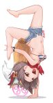  1girl :d absurdres animal_ear_fluff animal_ears barefoot batazungharn bikini bikini_under_clothes blue_archive blue_bikini blue_shorts breasts brown_hair denim denim_shorts extra_ears fang flower fox_ears fox_girl fox_tail full_body hair_flower hair_ornament halo handstand highleg highleg_bikini highres izuna_(blue_archive) izuna_(swimsuit)_(blue_archive) micro_shorts navel official_alternate_costume one_arm_handstand open_fly open_mouth pink_halo red_scarf scarf short_hair shorts simple_background small_breasts smile solo striped striped_bikini swimsuit tail toes upside-down white_background yellow_eyes 