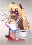  accessory anthro beverage big_breasts blonde_hair blue_eyes blush blush_lines breasts cleavage clothed clothing coffee domestic_ferret female hair hair_accessory hi_res kiwanoni long_hair mammal mustelid musteline navel solo true_musteline waiter weasel 