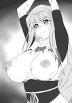  1girl arms_up blush bodysuit breasts breasts_out closed_mouth glaring greyscale highres hiiragi_akao jinki large_breasts long_hair lucky73dsmaxmax monochrome nipples restrained solo sweat tears torn_clothes upper_body 