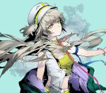  1girl arknights baishousuan bare_shoulders blue_background brown_eyes closed_mouth crop_top fartooth_(arknights) fartooth_(hear_the_wind_sing)_(arknights) floating_hair green_jacket green_shirt grey_hair hat highres jacket long_hair open_clothes open_jacket peaked_cap shirt solo very_long_hair white_headwear 