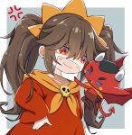  1girl angry ashley_(warioware) black_hair blue_eyes demon demon_horns demon_tail demon_wings dress false_smile fang hair_between_eyes hairband hand_on_hip horns long_hair long_sleeves matchamassa necktie orange_hairband orange_necktie paper red_(warioware) red_dress red_eyes smile tail twintails warioware wings 