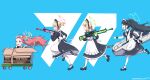  4girls absurdres animal_ear_headphones animal_ears apron aris_(blue_archive) aris_(maid)_(blue_archive) artist_name assault_rifle back_bow battle_rifle black_footwear black_hair black_wristband blonde_hair blue_archive blue_background blue_bow blue_bowtie blue_eyes blue_ribbon bow bowtie box cardboard_box cat_ear_headphones cat_tail closed_mouth fake_animal_ears floating_hair forehead frilled_apron frills game_development_department_(blue_archive) green_eyes green_halo gun h&amp;k_g3 hair_bow hair_ribbon halo headphones highres holding holding_gun holding_weapon in_box in_container long_hair looking_ahead maid maid_apron maid_headdress majinmallow mary_janes midori_(blue_archive) midori_(maid)_(blue_archive) momoi_(blue_archive) momoi_(maid)_(blue_archive) multiple_girls neck_ribbon official_alternate_costume open_mouth orange_hair pantyhose pink_eyes pink_halo ponytail profile purple_eyes railgun red_bow ribbon rifle running scared serious shoes short_hair smile standing tail twintails wavy_mouth weapon white_apron white_bow white_pantyhose yellow_halo yuzu_(blue_archive) yuzu_(maid)_(blue_archive) 