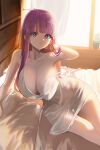 1girl absurdres arm_support breasts cleavage collarbone curtains dress egoswans fern_(sousou_no_frieren) highres large_breasts long_hair looking_at_viewer lying on_side parted_lips purple_eyes purple_hair solo sousou_no_frieren strap_slip thigh_gap thighs very_long_hair white_dress window 