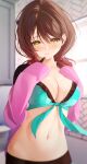  1girl aqua_bikini bikini blurry blurry_background breasts brown_hair cleavage collarbone commentary_request hair_between_eyes hololive jacket long_hair medium_breasts medium_hair midriff navel nmokhahi pink_jacket roboco-san sleeves_past_fingers sleeves_past_wrists solo swimsuit virtual_youtuber wet yellow_eyes 