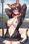  1girl animal_ears arms_up bikini black_choker black_hair blush breasts cat_ears cat_girl cat_tail choker cleavage glasses highres hood hoodie large_breasts looking_at_viewer navel original outdoors partially_unzipped red-framed_eyewear red_eyes shirokuma_a short_hair solo swimsuit tail white_bikini 