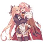  1boy 1girl absurdres astolfo_(fate) black_bow blonde_hair blush bow braid carrying dress fate_(series) hair_ribbon hetero highres koyashaka liss_meier_(koyashaka) long_hair multicolored_hair original otoko_no_ko pink_hair princess_carry purple_eyes ribbon white_background white_hair yellow_eyes 