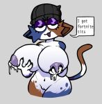  anthro beanie beanie_only big_breasts blue_body blue_fur bodily_fluids breasts brown_body brown_fur calico_cat clothing dialogue domestic_cat english_text epic_games eyeshadow felid feline felis female fortnite fur grey_background half-closed_eyes hat headgear headwear holding_breast lactating loudnormal4 makeup mammal meow_skulls_(fortnite) milk mostly_nude multicolored_body multicolored_fur narrowed_eyes navel nude nude_female simple_background solo speech_bubble tail text white_background white_body white_fur 
