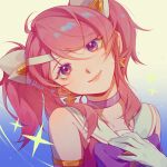  1girl absurdres artist_name bare_shoulders blush earrings gradient_background hair_ornament hand_on_own_chest head_tilt highres jewelry league_of_legends looking_at_viewer lux_(league_of_legends) parted_bangs pink_hair portrait purple_eyes ruan_chen_yue sailor_collar short_twintails sidelocks smile solo sparkle star_guardian_(league_of_legends) star_guardian_lux twintails white_sailor_collar 