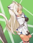  1girl animal_ears ass cat_ears cat_girl cat_tail closed_mouth commentary cougar_(cougar1404) cropped_jacket facial_mark from_side green_background jacket light_frown long_hair long_sleeves looking_at_viewer original panties shirt silui_(cougar1404) solo standing sword tail tan thigh_strap underwear weapon whisker_markings white_hair white_jacket white_panties white_shirt yellow_eyes 
