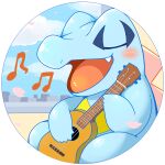  blue_border blue_sky blush border city closed_mouth cloud fang highres holding holding_weapon instrument music musical_note no_humans open_mouth playing_instrument pokemon pokemon_(creature) round_image singing sky solo tatu_wani totodile ukulele weapon 