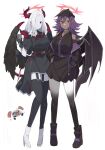  2girls bare_shoulders belt black_gloves breasts brown_eyes condemned_darklord cup darklord_ixchel darklord_superbia demon_horns demon_wings detached_sleeves dress duel_monster feathered_wings full_body garter_straps gloves gradient_skin halo head_wings high_heels highres holding holding_cup horns long_sleeves multiple_girls pointy_ears purple_hair red_eyes red_halo sakuragi_raia short_sleeves skirt thighhighs white_hair white_skirt wings yu-gi-oh! 