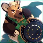  1boy armor bara cape commentary_request crave_saga crying crying_with_eyes_open furry furry_male green_armor green_cape holding holding_shield hyena_boy hyena_ears looking_at_viewer lyon_(crave_saga) male_focus orange_eyes shield sleeveless tears yowaifish 