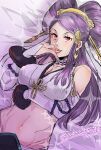  1girl bare_shoulders bracelet breasts choker comb double_bun fire_emblem fire_emblem_fates hair_bun japanese_clothes jewelry large_breasts nanakome orochi_(fire_emblem) purple_eyes purple_hair solo 