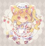  1girl :3 alternate_costume animal_ear_fluff animal_ears animal_hands apron argyle argyle_background bandaid bandaid_on_leg blonde_hair blush_stickers cat_ears cat_tail closed_mouth doily dress flandre_scarlet food_print frilled_dress frills fruit_hair_ornament gloves hair_between_eyes hair_ornament hairclip hat highres long_hair mob_cap necktie nikorashi-ka pantyhose paw_gloves pink_dress red_eyes red_footwear shoes short_sleeves side_ponytail single_leg_pantyhose smile solo strawberry_print tail touhou white_apron white_headwear white_pantyhose wings x_hair_ornament yellow_gloves yellow_necktie 