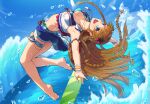  1girl :d armlet armpits bare_shoulders barefoot bikini bikini_top_only blue_eyes blue_sky bracelet braid breasts brown_hair cleavage cloud collarbone commentary day floating_hair flower hair_flower hair_ornament idolmaster idolmaster_million_live! idolmaster_million_live!_theater_days jewelry kamille_(vcx68) kousaka_umi long_hair looking_at_viewer medium_breasts necklace ocean open_mouth outdoors revision shell_necklace shorts sky smile soles solo surfboard swimsuit teeth toes twin_braids upside-down very_long_hair water_drop waves 