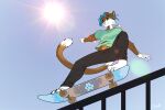  2023 4_toes 5_fingers anthro brown_body brown_fur clothed clothing day digital_media_(artwork) domestic_cat feet felid feline felis fingers fur male mammal outside sinalanf sky smile solo sun toes white_body white_fur 