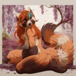  2023 ailurid anthro barefoot blue_eyes blue_nipples breasts brown_body brown_fur brown_nose brown_pawpads cheek_tuft cherry_blossom cherry_blossom_tree cherry_tree claws detailed_background digital_drawing_(artwork) digital_media_(artwork) facial_tuft feet female fluffy fluffy_tail fruit_tree fur hair hi_res inner_ear_fluff long_hair long_tail looking_away mammal multicolored_body multicolored_fur nipples nude orange_body orange_fur orange_hair pawpads paws plant red_panda sheruru sitting smile solo tail toe_claws tree tuft watermark white_body white_fur zeya_(saneaz) 
