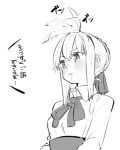  1girl ahoge ahoge_wag artoria_pendragon_(fate) blush collared_shirt drooling expressive_hair fate/stay_night fate_(series) greyscale hair_ribbon highres monochrome neck_ribbon parted_lips ribbon saber saliva shirt sidelocks sketch solo tenoo12 upper_body 