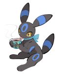  2023 ambiguous_gender beverage black_eyes blep blue_markings blue_neckwear coffee container cup eeveelution full-length_portrait fur generation_2_pokemon grey_body grey_fur holding_container holding_cup holding_object markings neckwear nintendo pink_tongue pokemon pokemon_(species) portrait semi-anthro simple_background sitting solo tongue tongue_out umbreon white_background yellow_sclera yumeminoideyu2 