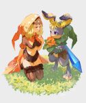 1boy 1girl absurdres armor black_veil blonde_hair blue_eyes blush bouquet breastplate brown_thighhighs cornelius_(odin_sphere) flower frilled_thighhighs frills full_body gauntlets grass hand_on_own_chest highres holding holding_bouquet hood hood_up kneeling looking_at_another mossan351 navel odin_sphere rabbit skirt smile standing sword thighhighs veil velvet_(odin_sphere) weapon weapon_on_back white_background 
