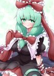  1girl arm_ribbon bow breasts commission frilled_bow frilled_ribbon frilled_sleeves frills front_ponytail green_eyes green_hair hair_bow hair_ribbon highres kagiyama_hina looking_at_viewer puffy_short_sleeves puffy_sleeves red_bow red_ribbon ribbon scavia10 short_sleeves skeb_commission smile solo touhou 