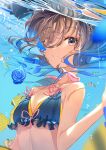 1girl air_bubble angelfish bikini blue_flower blue_rose blurry blurry_foreground blush breasts brown_hair bubble cleavage clownfish fish flower hair_over_one_eye halterneck hand_up hat hat_removed headwear_removed long_hair looking_at_viewer parted_lips petals rice_shower_(umamusume) rose small_breasts solo swimsuit umamusume underwater upper_body water yomean! 
