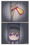  1girl akemi_homura black_hair blush broken_door chibi door golf_club here&#039;s_johnny!_(meme) highres magical_girl mahou_shoujo_madoka_magica meme purple_eyes the_shining yuno385 