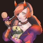  1girl animification apex_legends black_background black_choker black_gloves black_headwear bow candy choker collarbone food gloves hat holding holding_candy holding_food holding_lollipop holding_stuffed_toy hood hood_down hooded_jacket jacket lollipop official_alternate_costume orange_eyes orange_hair purple_bow purple_jacket short_hair sketch smile solo static_spike_wattson stuffed_toy tama_(ponz3o1) twitter_username wattson_(apex_legends) witch_hat 