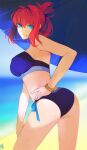  1girl aozaki_aoko ass beach bikini blue_bikini blue_eyes blurry blurry_background breasts closed_mouth commentary hair_between_eyes hair_intakes hand_on_own_hip highres jewelry large_breasts looking_at_viewer melty_blood melty_blood:_type_lumina moedredd official_alternate_costume official_alternate_hairstyle parasol sand signature smile solo swimsuit tsukihime tsukihime_(remake) umbrella water 
