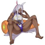  1girl absurdres animal_ears bare_arms bare_legs bare_shoulders barefoot boku_no_hero_academia breasts cameltoe carrot covered_abs dark-skinned_female dark_skin feet fingernails full_body hand_on_own_face head_rest highleg highleg_leotard highres kyoken large_breasts legs leotard long_eyelashes long_hair looking_at_viewer m_legs mirko oversized_food parted_bangs rabbit_ears rabbit_girl red_eyes signature sitting smile soles solo spread_legs spread_toes taut_leotard teeth thick_thighs thighs toes toned very_long_hair white_background white_hair white_leotard 