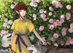  1girl bangs bow bush chainsaw_man dress flower highres holding holding_leash husky kamo_(kamonegioisi) leash long_hair looking_to_the_side makima_(chainsaw_man) pink_flower ponytail red_hair ringed_eyes sidelocks smile twitter_username waist_bow yellow_dress yellow_eyes 