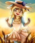  absurd_res anthro blonde_hair blue_body blue_fur canid clothed clothing dress female floppy_ears front_view fur glistening glistening_eyes hair happy hat headgear headwear hi_res kuttoyaki looking_at_viewer mammal open_mouth open_smile orange_eyes outside portrait rukacollie smile solo three-quarter_portrait white_body white_clothing white_dress white_fur white_hat white_headwear young 