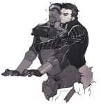  2boys anal apex_legends ass bara beard_stubble bottomless character_request check_character closed_eyes clothed_sex couple cropped_legs flaccid from_side greyscale happy_sex highres hug hug_from_behind kamatama_(bobojobobo) male_focus male_pubic_hair mature_male mechanical_arms mirage_(apex_legends) monochrome multiple_boys penis pubic_hair saliva sex sex_from_behind short_hair sideburns single_mechanical_arm sparse_pubic_hair standing standing_sex thighs trembling yaoi 