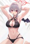  1girl armpits arms_up bikini black_bikini blue_archive braid breasts cleavage demon_wings grey_hair hair_tie_in_mouth halo halterneck haruna_(blue_archive) highleg highleg_bikini highres large_breasts layered_bikini long_hair looking_at_viewer mouth_hold multiple_straps navel o-ring o-ring_bikini o-ring_top primamiya red_eyes red_halo side_braid simple_background single_wing solo stomach swimsuit tying_hair white_background wing_piercing wings 