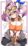  1girl animal_ears bandeau blush breasts cleavage cowboy_shot duel_monster ferret_ears ferret_girl gloves goggles goggles_on_head grey_jumpsuit hair_ornament jumpsuit jumpsuit_around_waist kitt_(yu-gi-oh!) large_breasts long_hair orange_bandeau orange_gloves pink_hair tri-brigade_kitt twintails white_background ya-man yellow_eyes yu-gi-oh! 