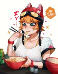  1girl absurdres animal_ears animal_hat aqua_eyes black_crowser blonde_hair bowl cat_ears chopsticks eating food goggles goggles_on_head happy hat helmet highres holding holding_chopsticks noodles original ramen seaweed shirt short_hair solo white_shirt 