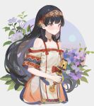  1girl atelier_(series) atelier_shallie bangs bell black_hair blush closed_mouth dress flower gigi_wins hairband highres holding holding_bell jewelry long_hair looking_at_viewer necklace purple_eyes shallistera_(atelier) solo very_long_hair 