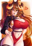 1girl animal_ears black_nails breasts brown_hair cleavage clothing_request covered_nipples demon_horns fangs hand_on_own_hip heart highres horns indie_virtual_youtuber large_breasts long_hair long_sleeves looking_at_viewer multicolored_hair navel open_mouth orange_eyes orange_hair purple_hair sevie sinder_(vtuber) smile solo standing tail teeth thigh_strap tongue twintails upper_teeth_only v virtual_youtuber wolf_ears wolf_tail 