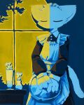  1girl animal_ears apron black_dress cat_ears cat_girl cat_tail closed_eyes cropped_legs dress fgsn_123 frilled_apron frills furry highres holding holding_tray long_sleeves maid maid_apron original puffy_long_sleeves puffy_sleeves solo standing table tail tray vase window 