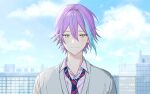  1boy aqua_hair cardigan closed_mouth cloud collared_shirt commentary diagonal-striped_necktie double-parted_bangs earrings grey_cardigan hair_between_eyes hk_(wgyz7222) jewelry kamishiro_rui kamiyama_high_school_uniform_(project_sekai) male_focus multicolored_hair open_collar outdoors project_sekai purple_hair school_uniform shirt short_hair single_earring solo streaked_hair two-tone_hair yellow_eyes 